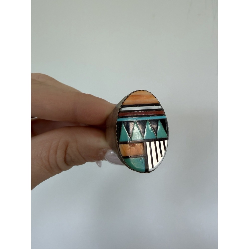 Vintage Zuni Large Chunky Sterling Silver 21g Inlay Stone Ring Size 13 Signed